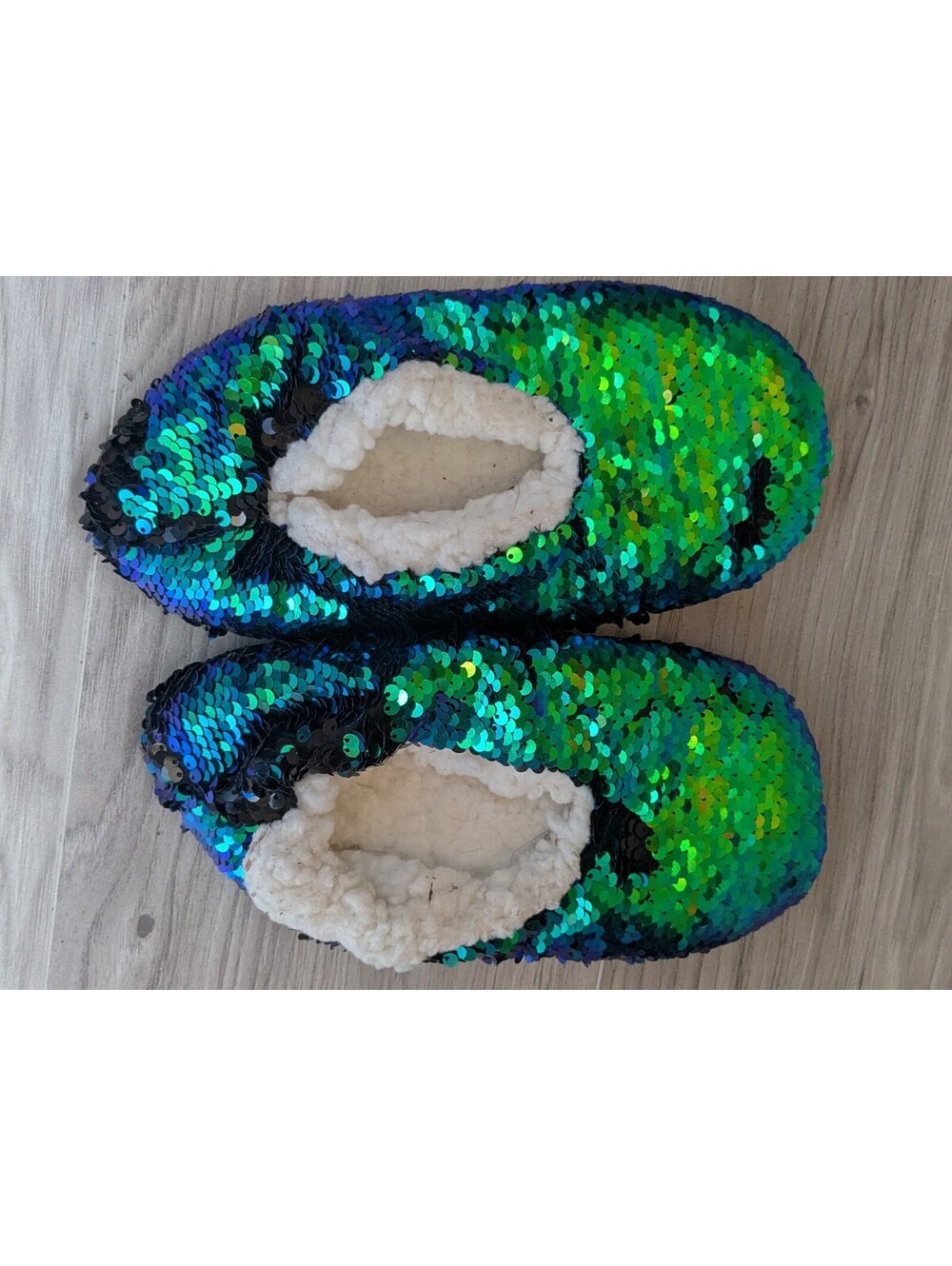 Womens Sequin Faux Fur Lined Slip-On Slippers Colorblock Green/Blue 7